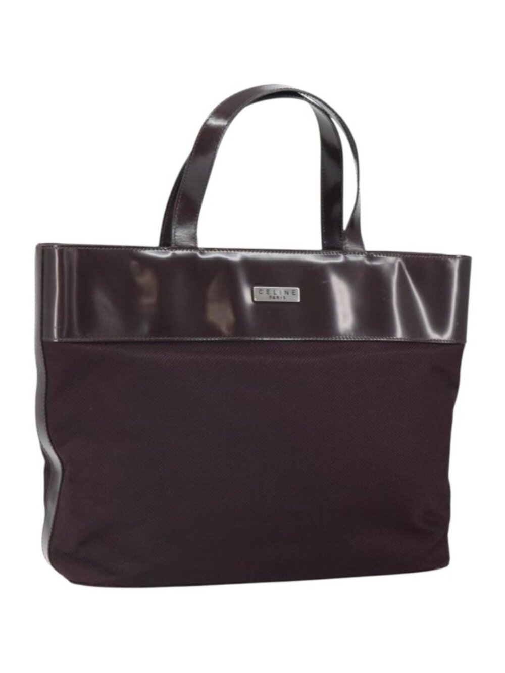 CELINE Tote Bag Canvas patent leather Brown Silver